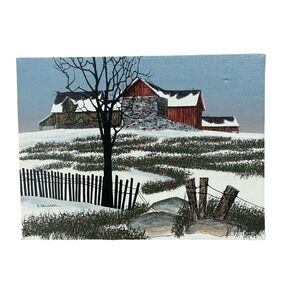 H‎ Hargrove 1982 Signed Canvas Painting Winter Barn Art Unframed 12" x 16"